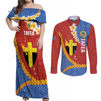 Tafea Province Couples Matching Off Shoulder Maxi Dress and Long Sleeve Button Shirt Vanuatu Pattern Map - Plumeria Flag Color LT14 Red - Polynesian Pride