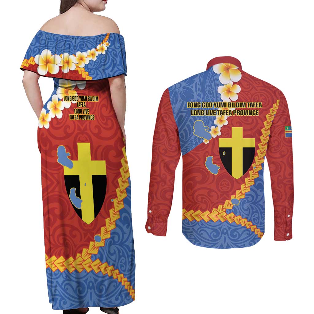 Tafea Province Couples Matching Off Shoulder Maxi Dress and Long Sleeve Button Shirt Vanuatu Pattern Map - Plumeria Flag Color LT14 - Polynesian Pride