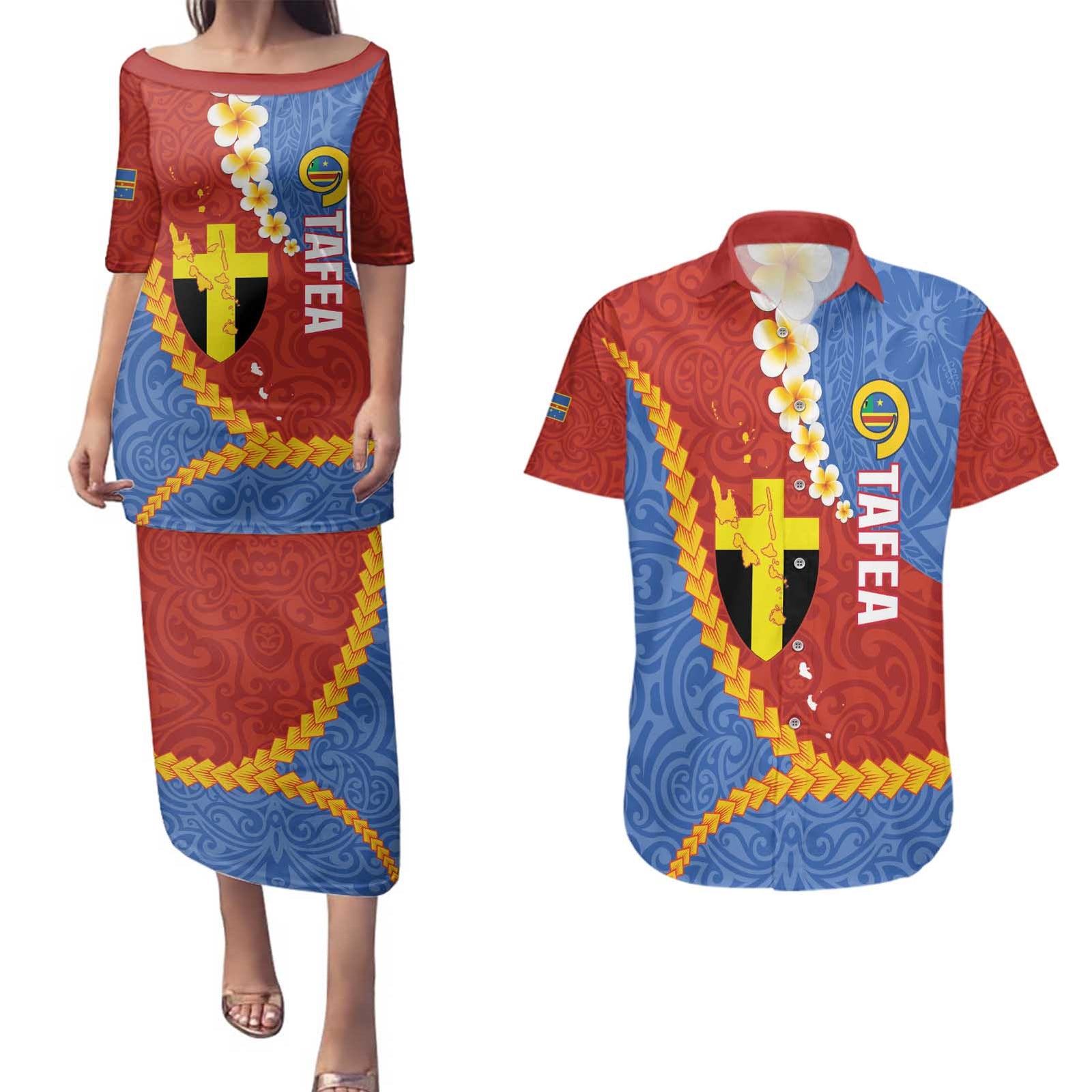 Tafea Province Couples Matching Puletasi and Hawaiian Shirt Vanuatu Pattern Map - Plumeria Flag Color LT14 Red - Polynesian Pride