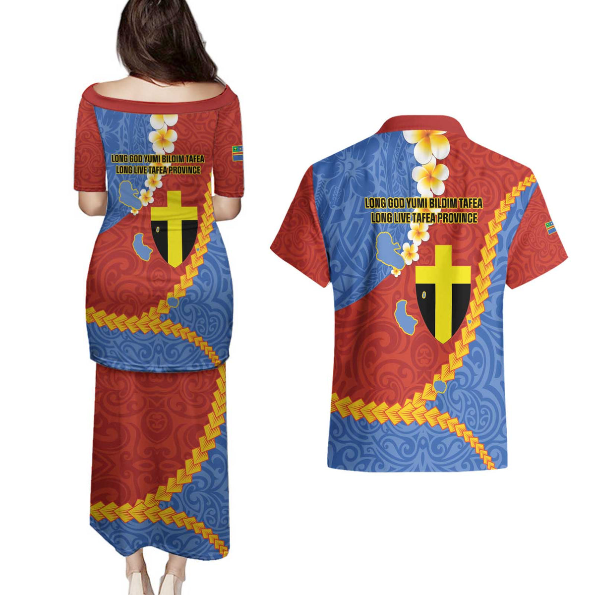 Tafea Province Couples Matching Puletasi and Hawaiian Shirt Vanuatu Pattern Map - Plumeria Flag Color LT14 - Polynesian Pride