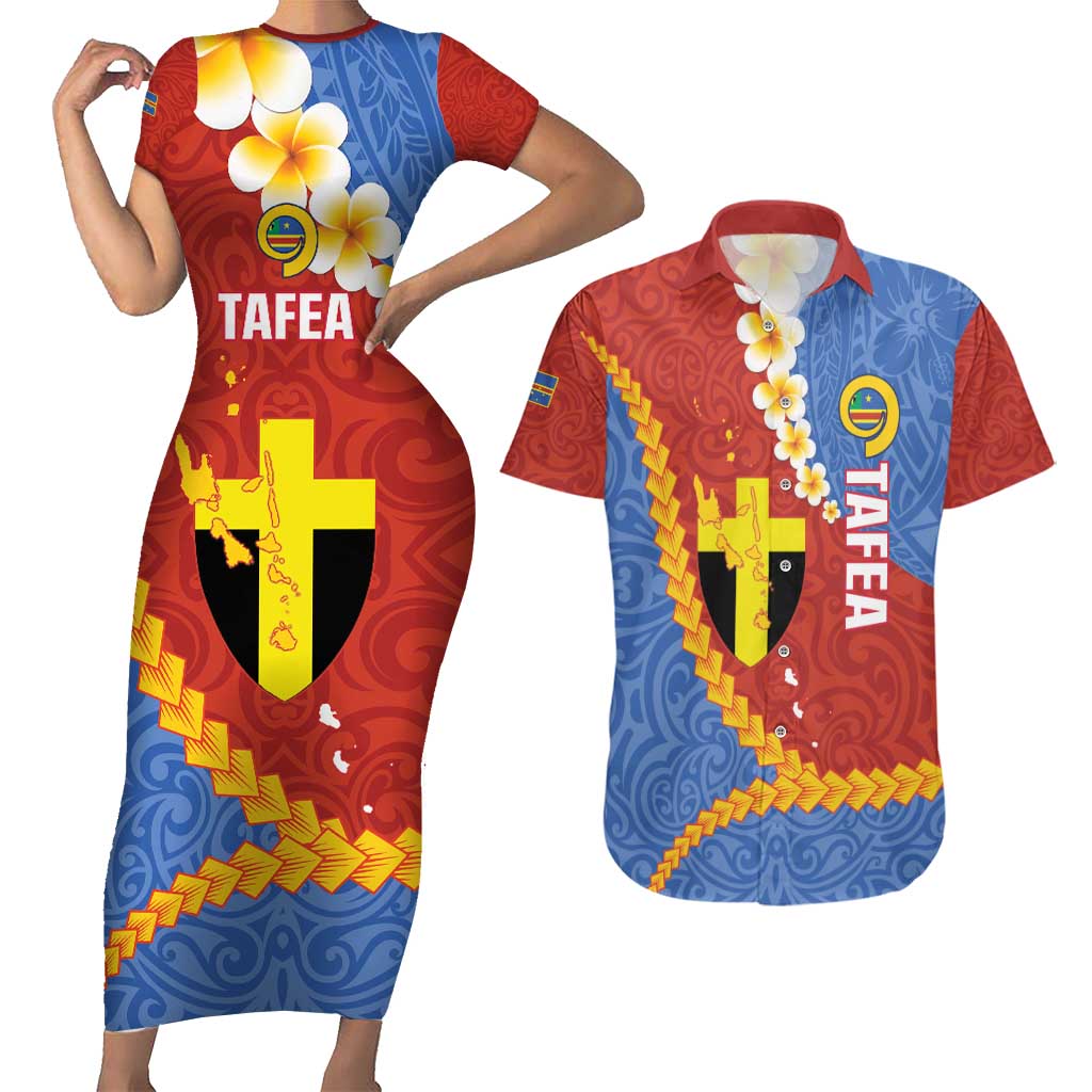 Tafea Province Couples Matching Short Sleeve Bodycon Dress and Hawaiian Shirt Vanuatu Pattern Map - Plumeria Flag Color LT14 Red - Polynesian Pride