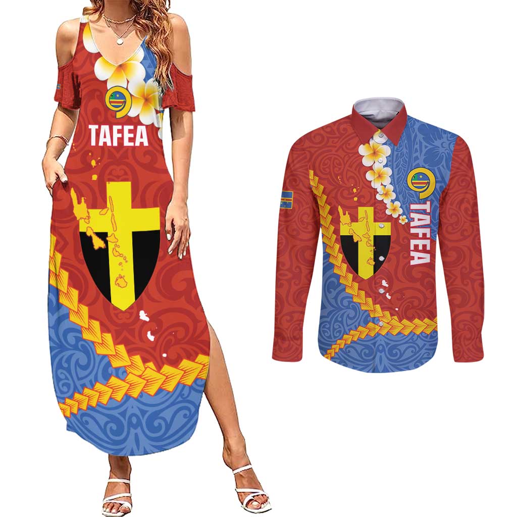 Tafea Province Couples Matching Summer Maxi Dress and Long Sleeve Button Shirt Vanuatu Pattern Map - Plumeria Flag Color LT14 Red - Polynesian Pride