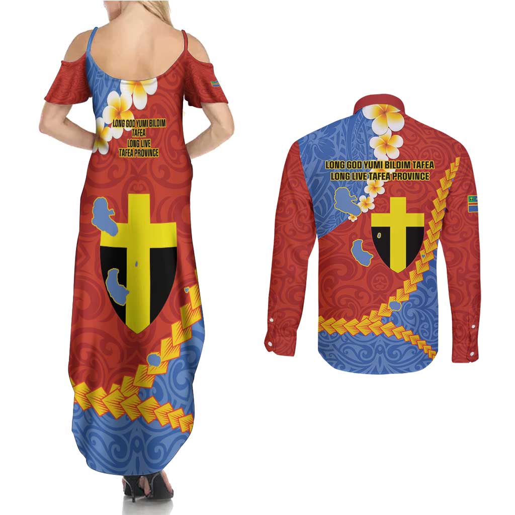 Tafea Province Couples Matching Summer Maxi Dress and Long Sleeve Button Shirt Vanuatu Pattern Map - Plumeria Flag Color LT14 - Polynesian Pride