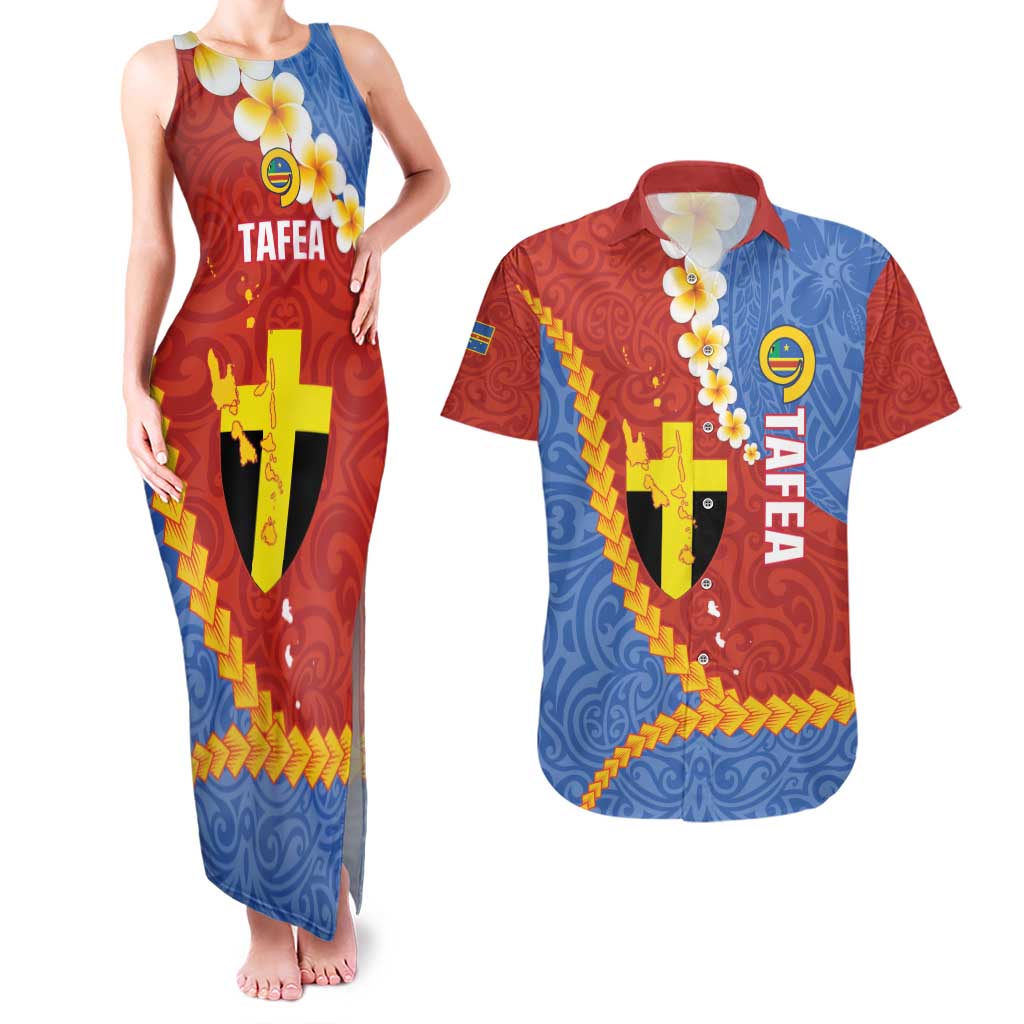 Tafea Province Couples Matching Tank Maxi Dress and Hawaiian Shirt Vanuatu Pattern Map - Plumeria Flag Color LT14 Red - Polynesian Pride