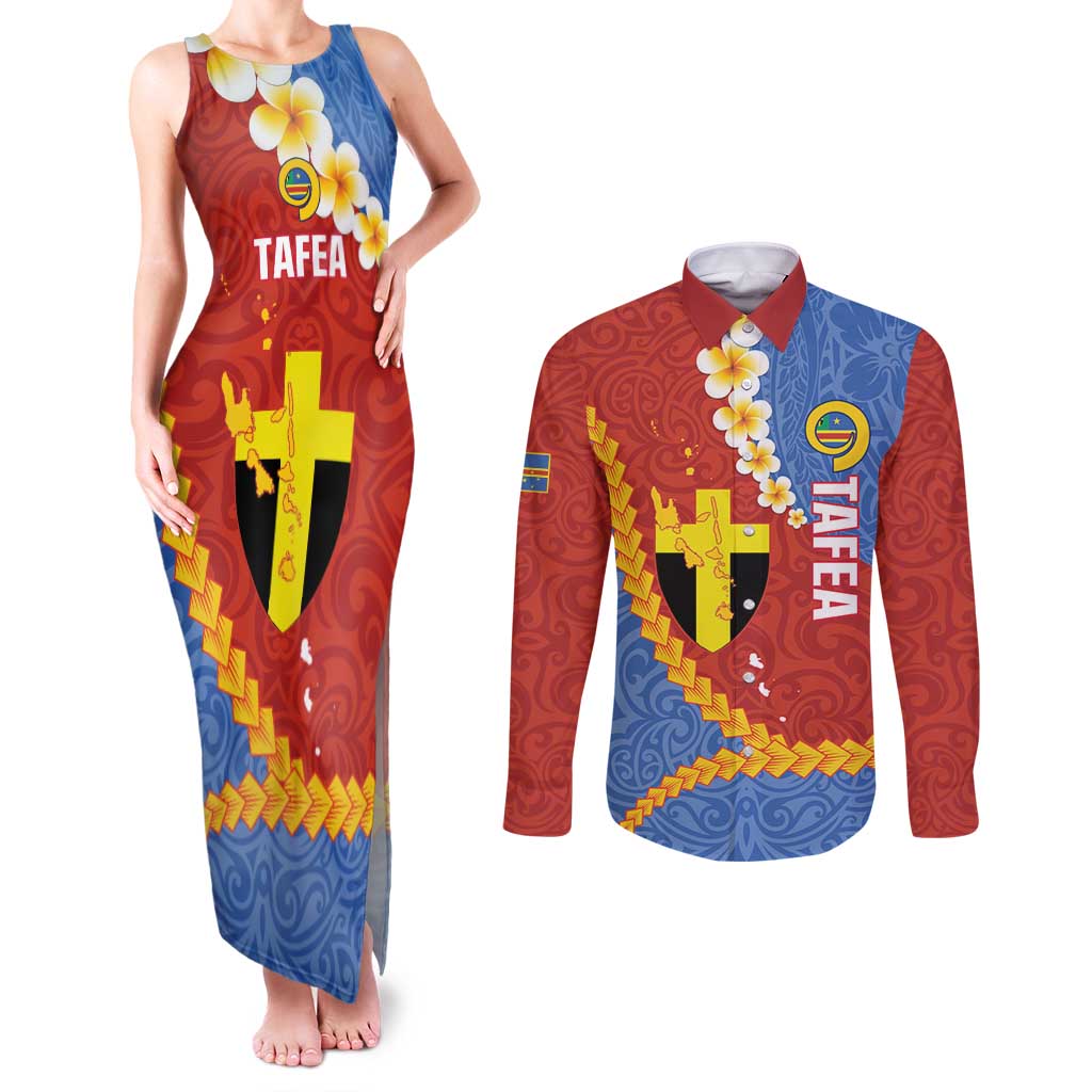 Tafea Province Couples Matching Tank Maxi Dress and Long Sleeve Button Shirt Vanuatu Pattern Map - Plumeria Flag Color LT14 Red - Polynesian Pride