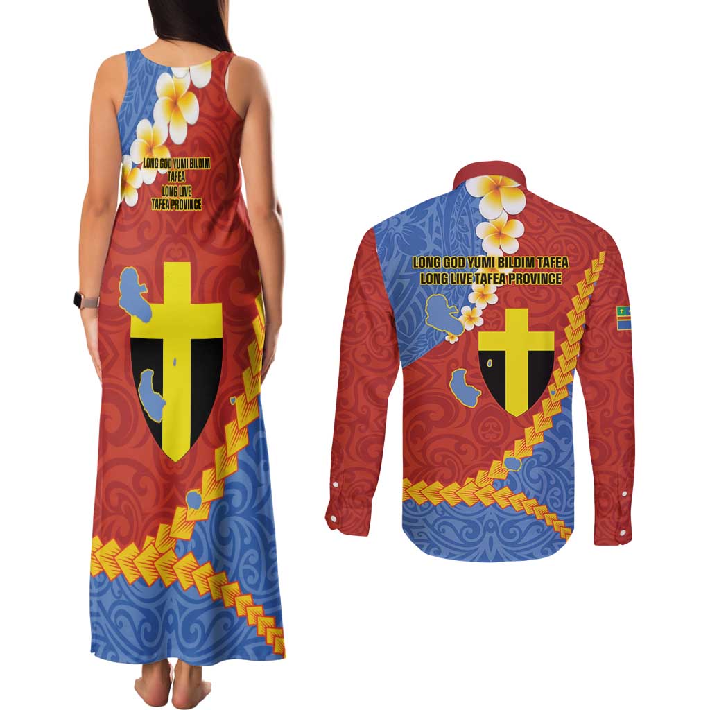 Tafea Province Couples Matching Tank Maxi Dress and Long Sleeve Button Shirt Vanuatu Pattern Map - Plumeria Flag Color LT14 - Polynesian Pride