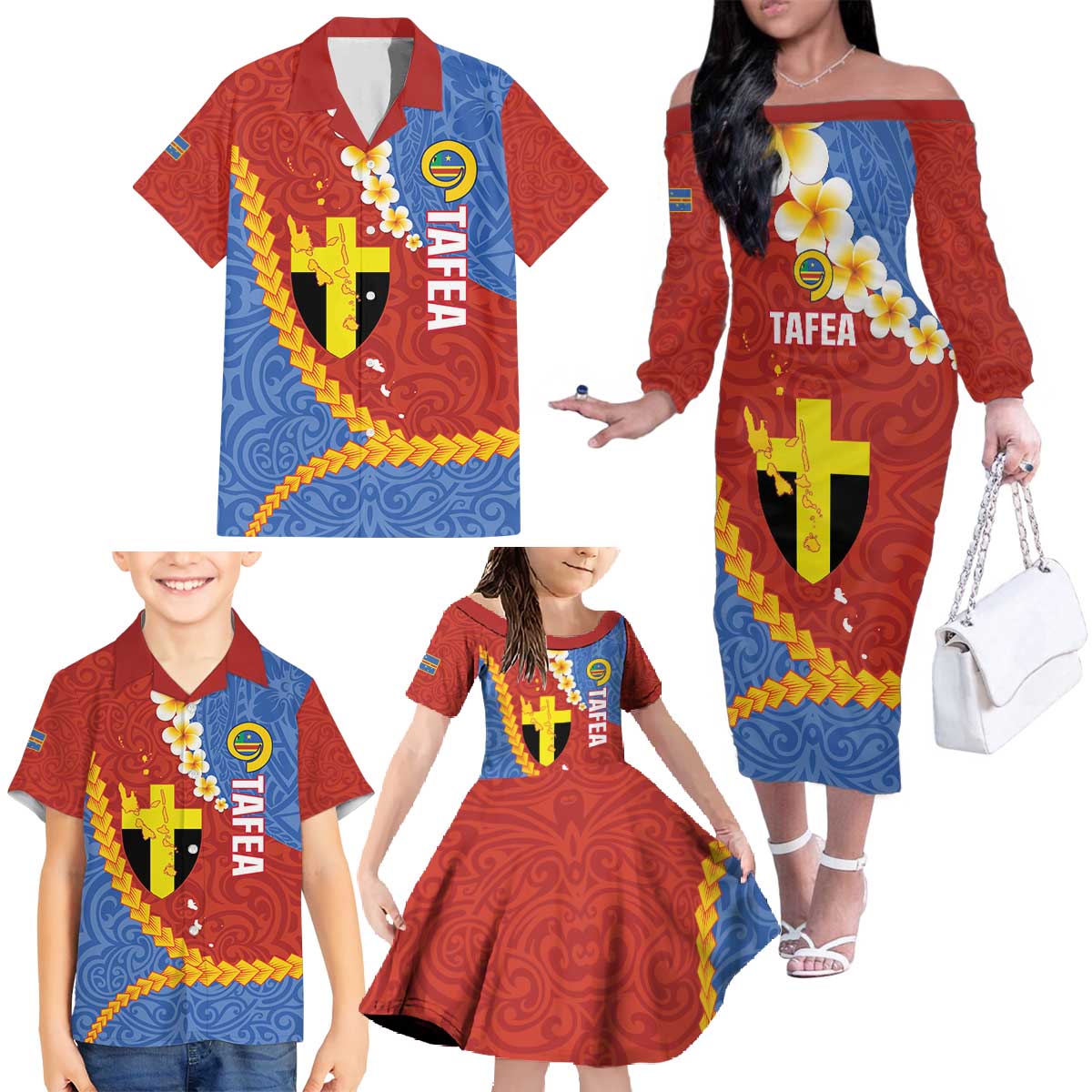 Tafea Province Family Matching Off The Shoulder Long Sleeve Dress and Hawaiian Shirt Vanuatu Pattern Map - Plumeria Flag Color