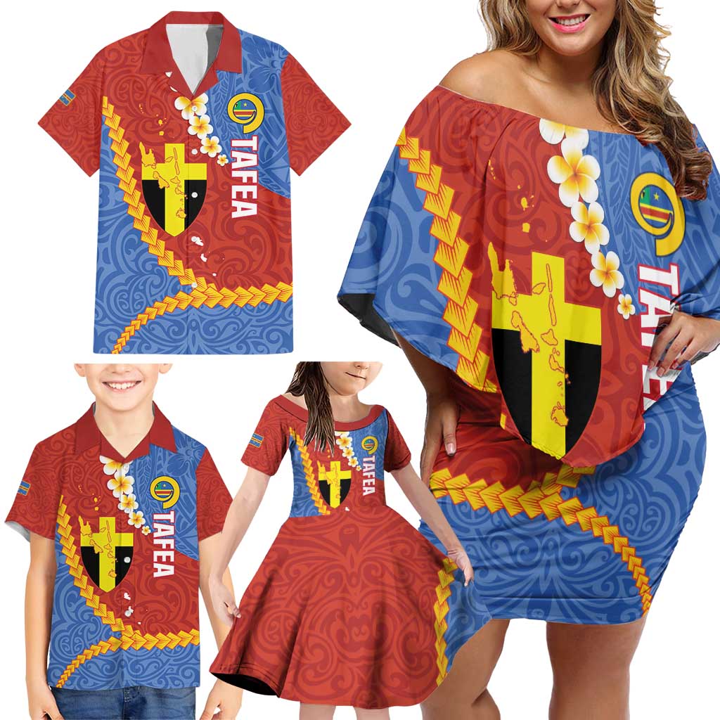 Tafea Province Family Matching Off Shoulder Short Dress and Hawaiian Shirt Vanuatu Pattern Map - Plumeria Flag Color LT14 - Polynesian Pride