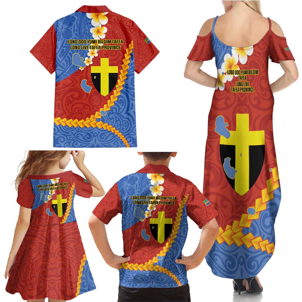 Tafea Province Family Matching Summer Maxi Dress and Hawaiian Shirt Vanuatu Pattern Map - Plumeria Flag Color