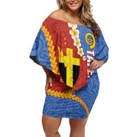 Tafea Province Off Shoulder Short Dress Vanuatu Pattern Map - Plumeria Flag Color LT14 Women Red - Polynesian Pride