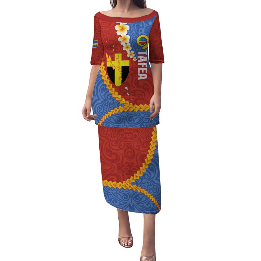 Tafea Province Puletasi Vanuatu Pattern Map - Plumeria Flag Color LT14 Long Dress Red - Polynesian Pride
