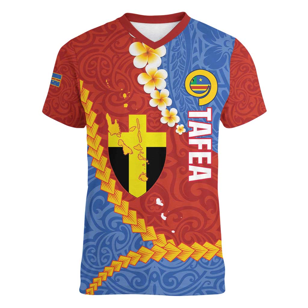 Tafea Province Women V-Neck T-Shirt Vanuatu Pattern Map - Plumeria Flag Color LT14 Female Red - Polynesian Pride