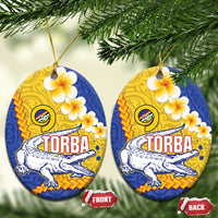 Torba Province Ceramic Ornament Vanuatu Pattern Crocodile - Plumeria Flag Color LT14 Oval Yellow - Polynesian Pride