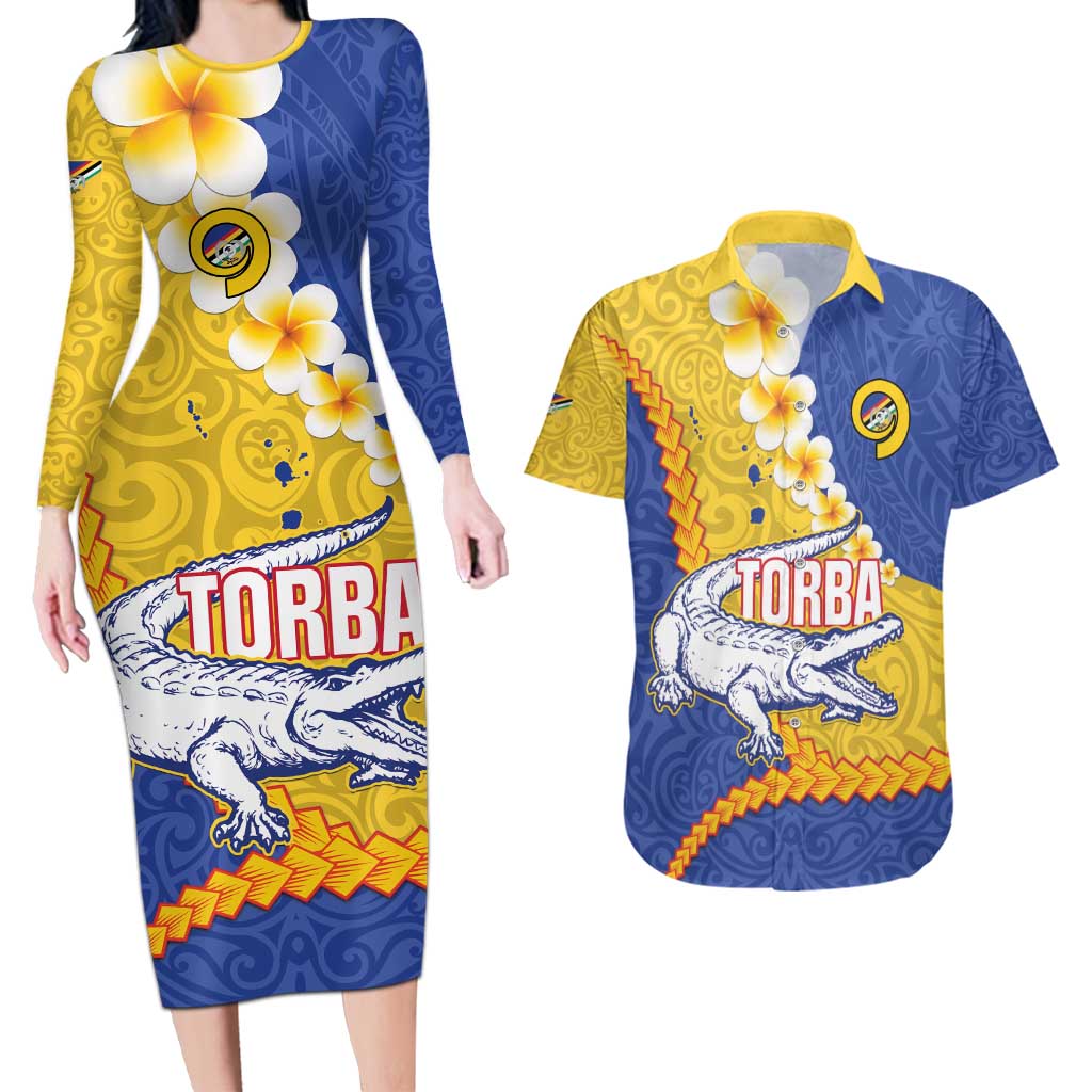 Torba Province Couples Matching Long Sleeve Bodycon Dress and Hawaiian Shirt Vanuatu Pattern Crocodile - Plumeria Flag Color