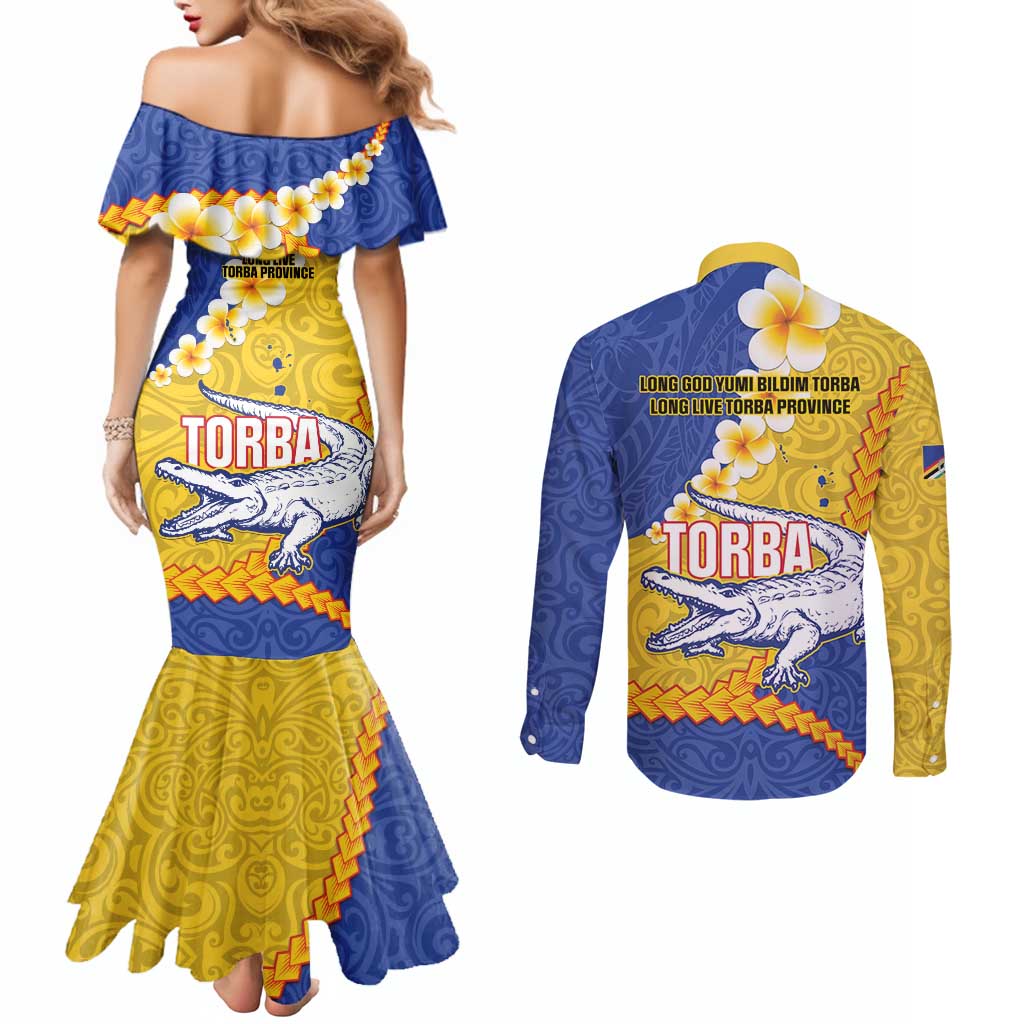 Torba Province Couples Matching Mermaid Dress and Long Sleeve Button Shirt Vanuatu Pattern Crocodile - Plumeria Flag Color LT14 - Polynesian Pride