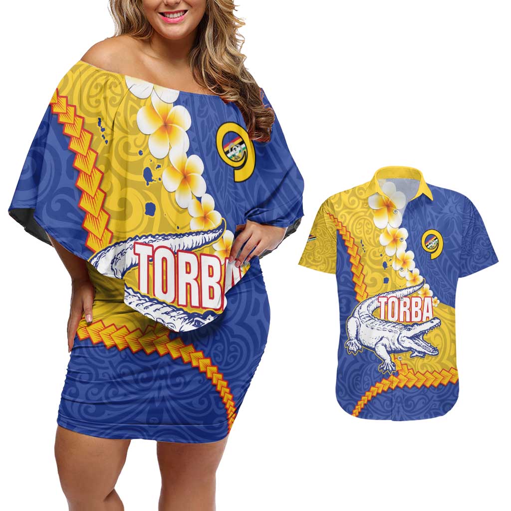 Torba Province Couples Matching Off Shoulder Short Dress and Hawaiian Shirt Vanuatu Pattern Crocodile - Plumeria Flag Color LT14 Yellow - Polynesian Pride