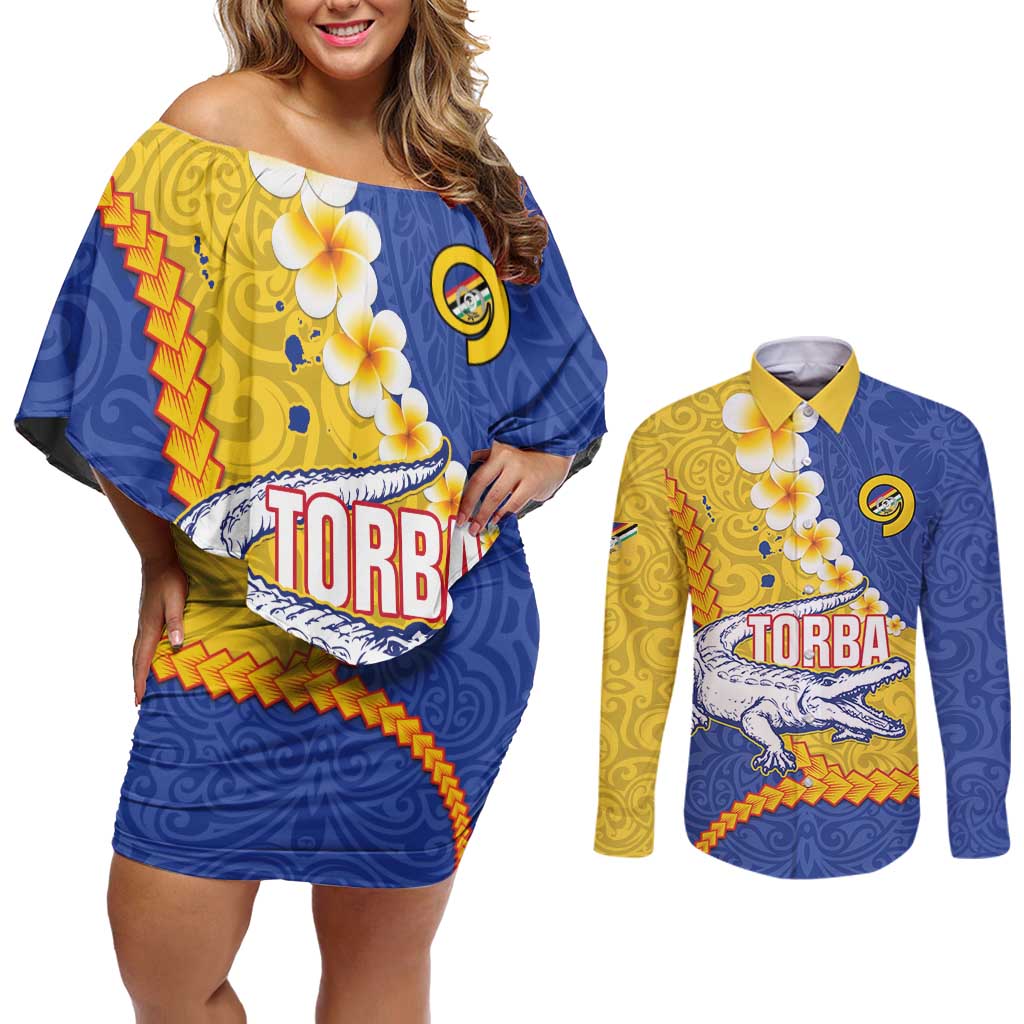Torba Province Couples Matching Off Shoulder Short Dress and Long Sleeve Button Shirt Vanuatu Pattern Crocodile - Plumeria Flag Color LT14 Yellow - Polynesian Pride