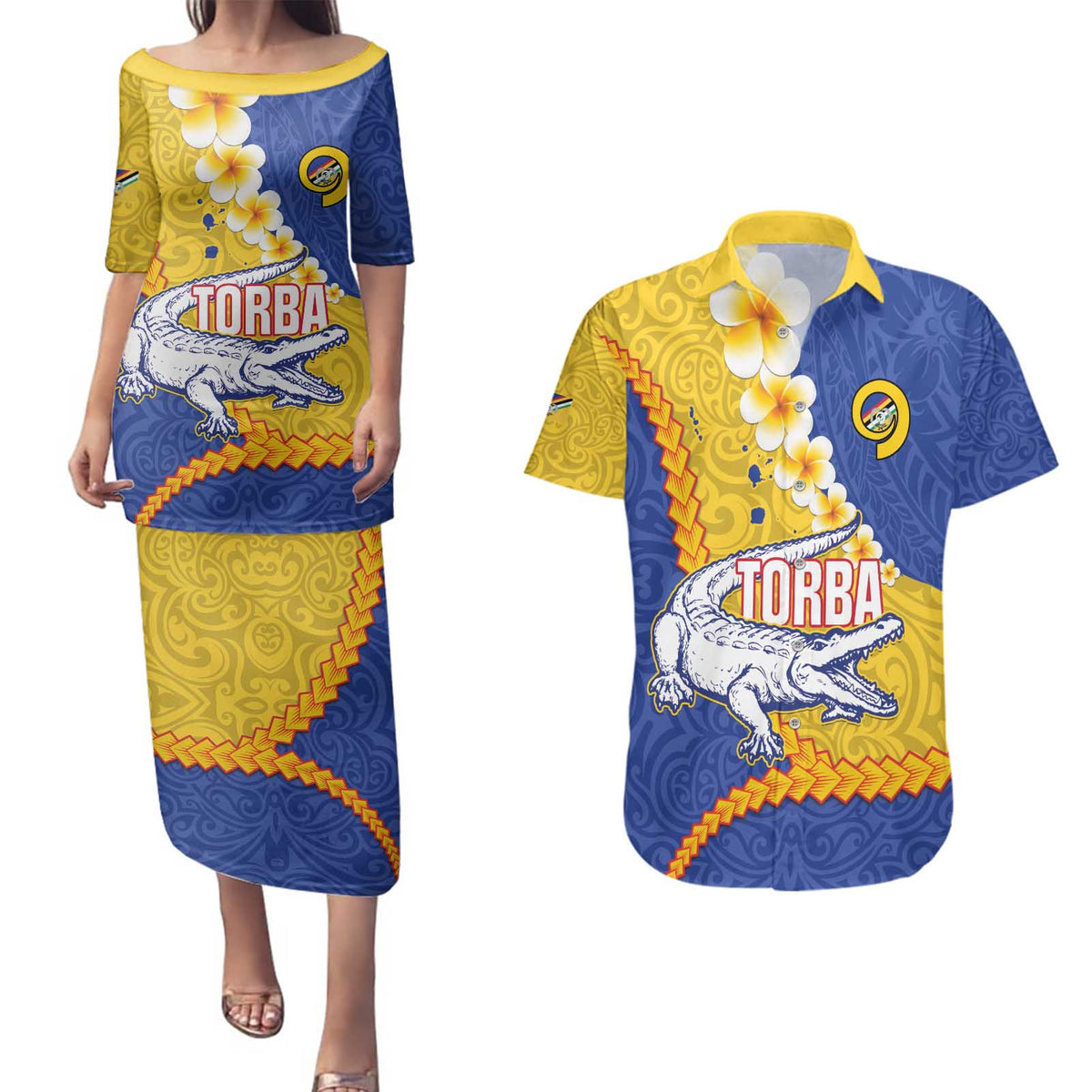 Torba Province Couples Matching Puletasi and Hawaiian Shirt Vanuatu Pattern Crocodile - Plumeria Flag Color LT14 Yellow - Polynesian Pride