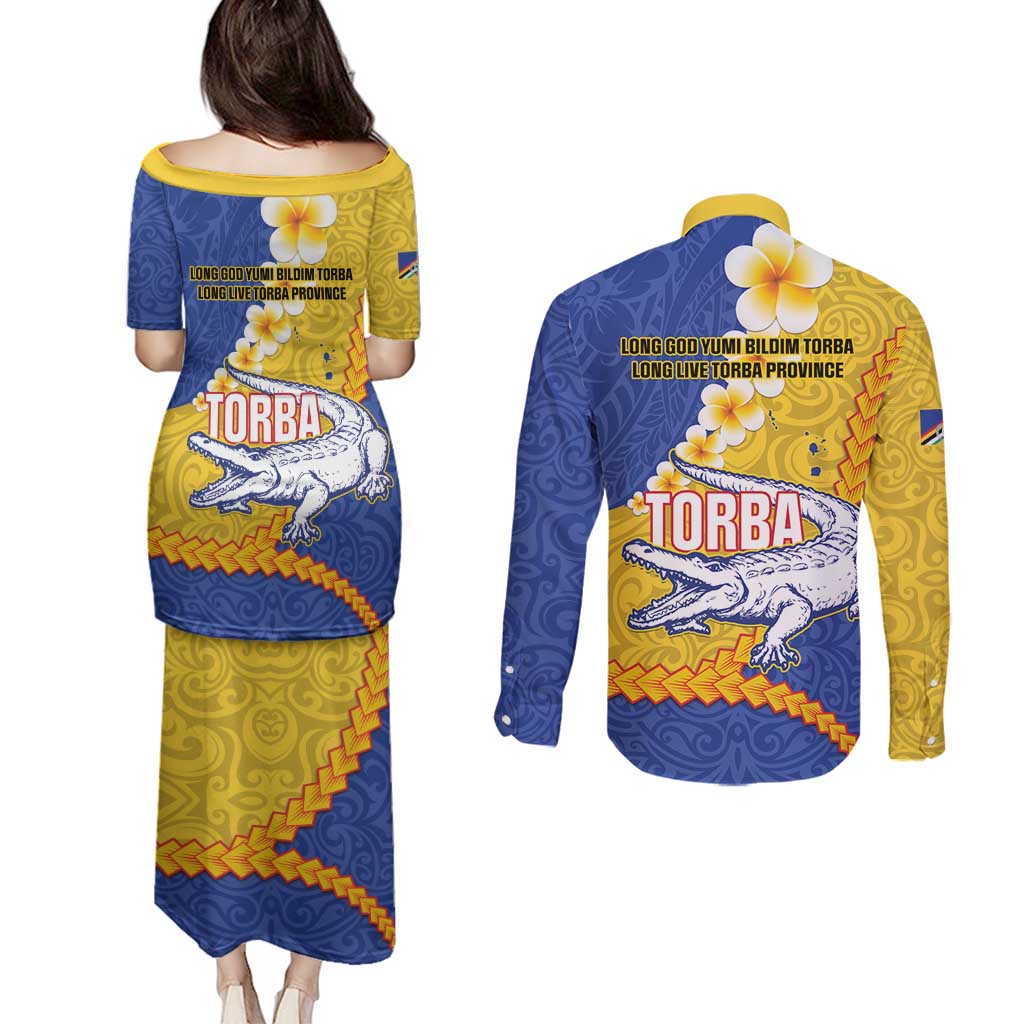 Torba Province Couples Matching Puletasi and Long Sleeve Button Shirt Vanuatu Pattern Crocodile - Plumeria Flag Color LT14 - Polynesian Pride