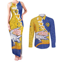 Torba Province Couples Matching Tank Maxi Dress and Long Sleeve Button Shirt Vanuatu Pattern Crocodile - Plumeria Flag Color LT14 Yellow - Polynesian Pride