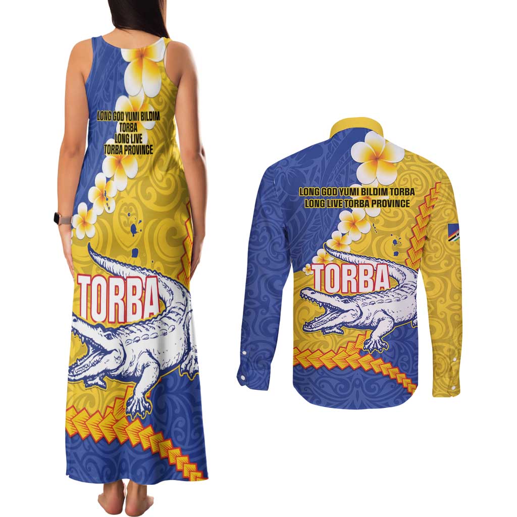 Torba Province Couples Matching Tank Maxi Dress and Long Sleeve Button Shirt Vanuatu Pattern Crocodile - Plumeria Flag Color LT14 - Polynesian Pride