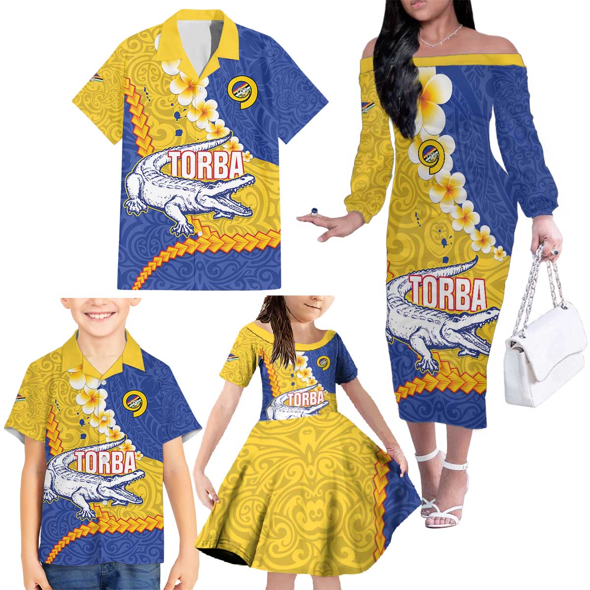Torba Province Family Matching Off The Shoulder Long Sleeve Dress and Hawaiian Shirt Vanuatu Pattern Crocodile - Plumeria Flag Color LT14 - Polynesian Pride