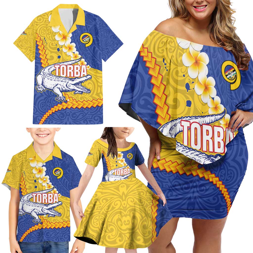 Torba Province Family Matching Off Shoulder Short Dress and Hawaiian Shirt Vanuatu Pattern Crocodile - Plumeria Flag Color