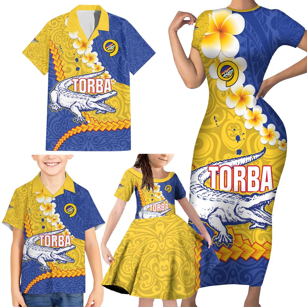 Torba Province Family Matching Short Sleeve Bodycon Dress and Hawaiian Shirt Vanuatu Pattern Crocodile - Plumeria Flag Color