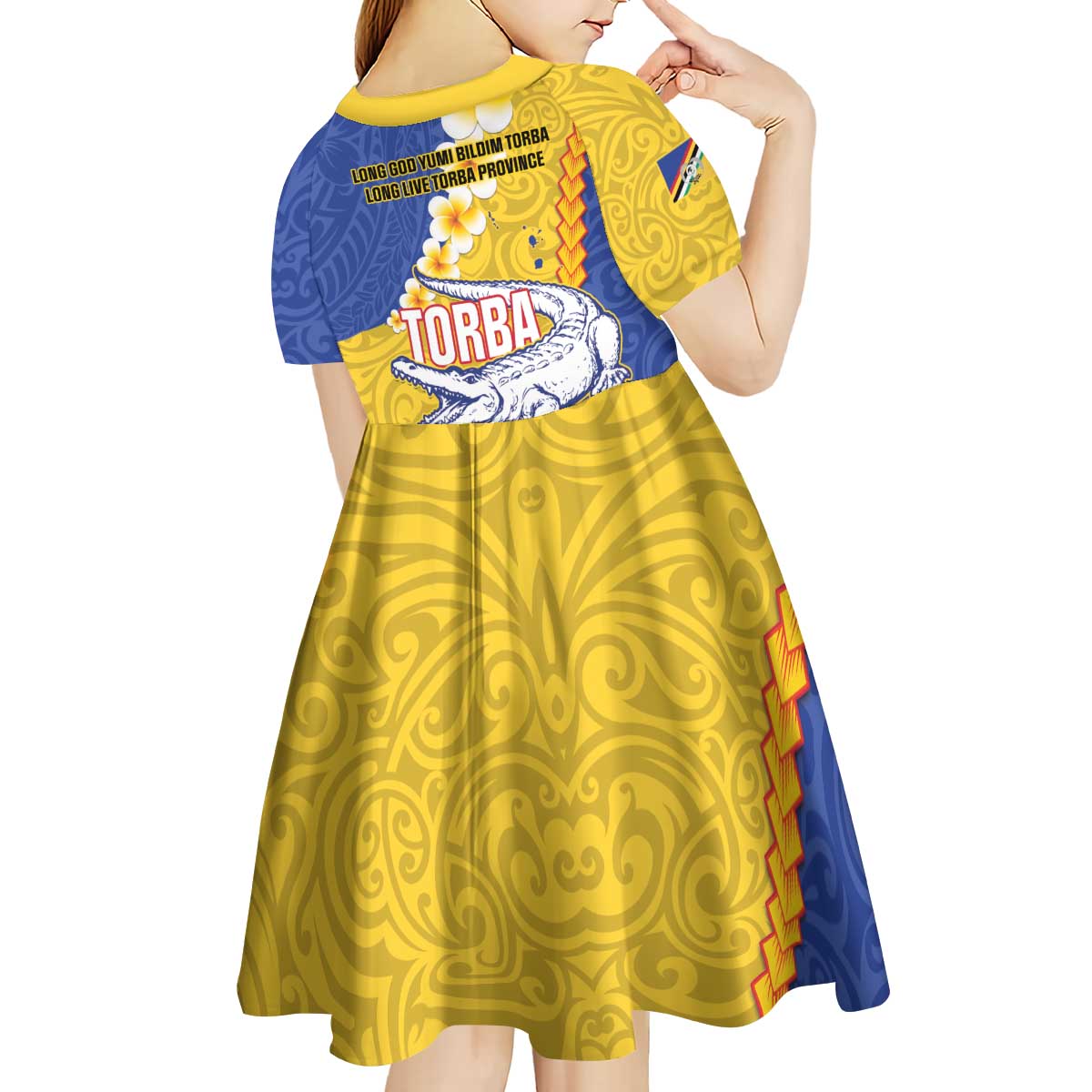 Torba Province Kid Short Sleeve Dress Vanuatu Pattern Crocodile - Plumeria Flag Color