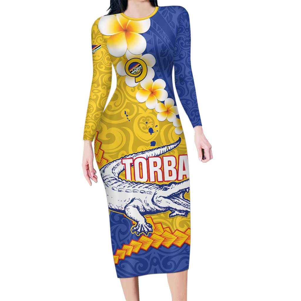 Torba Province Long Sleeve Bodycon Dress Vanuatu Pattern Crocodile - Plumeria Flag Color