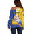 Torba Province Off Shoulder Sweater Vanuatu Pattern Crocodile - Plumeria Flag Color