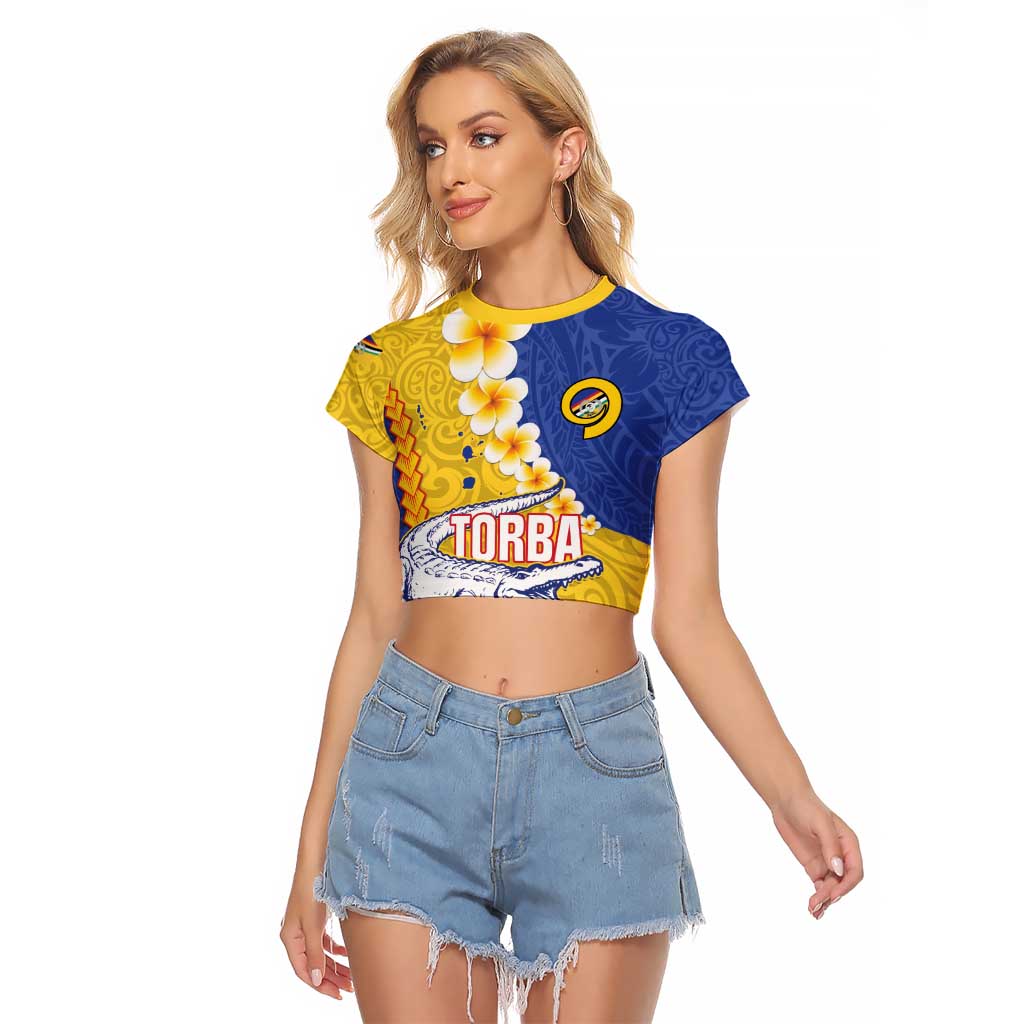 Torba Province Raglan Cropped T Shirt Vanuatu Pattern Crocodile - Plumeria Flag Color LT14 Female Yellow - Polynesian Pride
