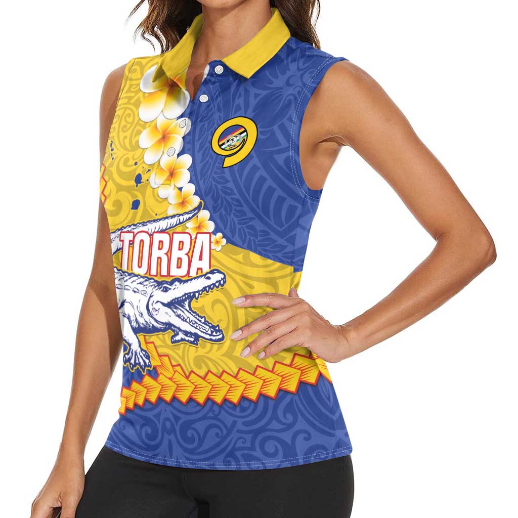 Torba Province Women Sleeveless Polo Shirt Vanuatu Pattern Crocodile - Plumeria Flag Color