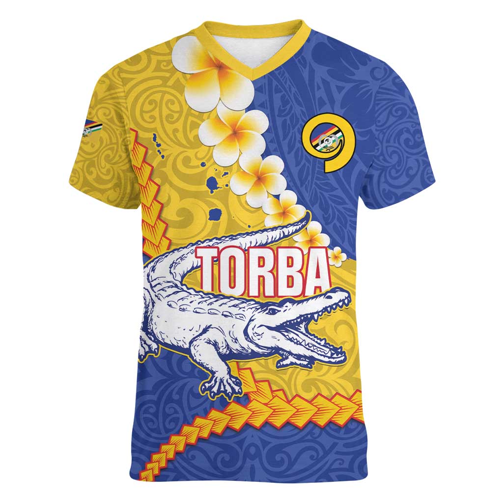 Torba Province Women V-Neck T-Shirt Vanuatu Pattern Crocodile - Plumeria Flag Color LT14 Female Yellow - Polynesian Pride