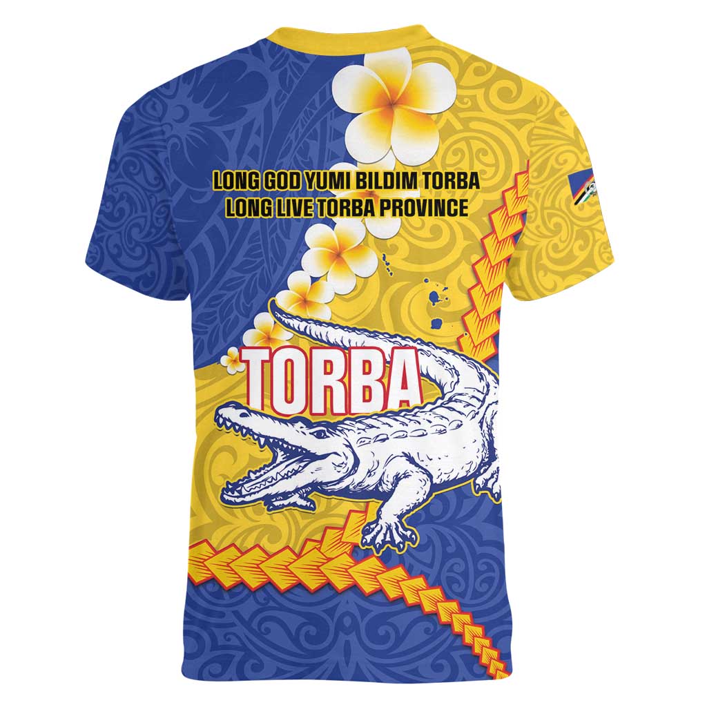 Torba Province Women V-Neck T-Shirt Vanuatu Pattern Crocodile - Plumeria Flag Color LT14 - Polynesian Pride