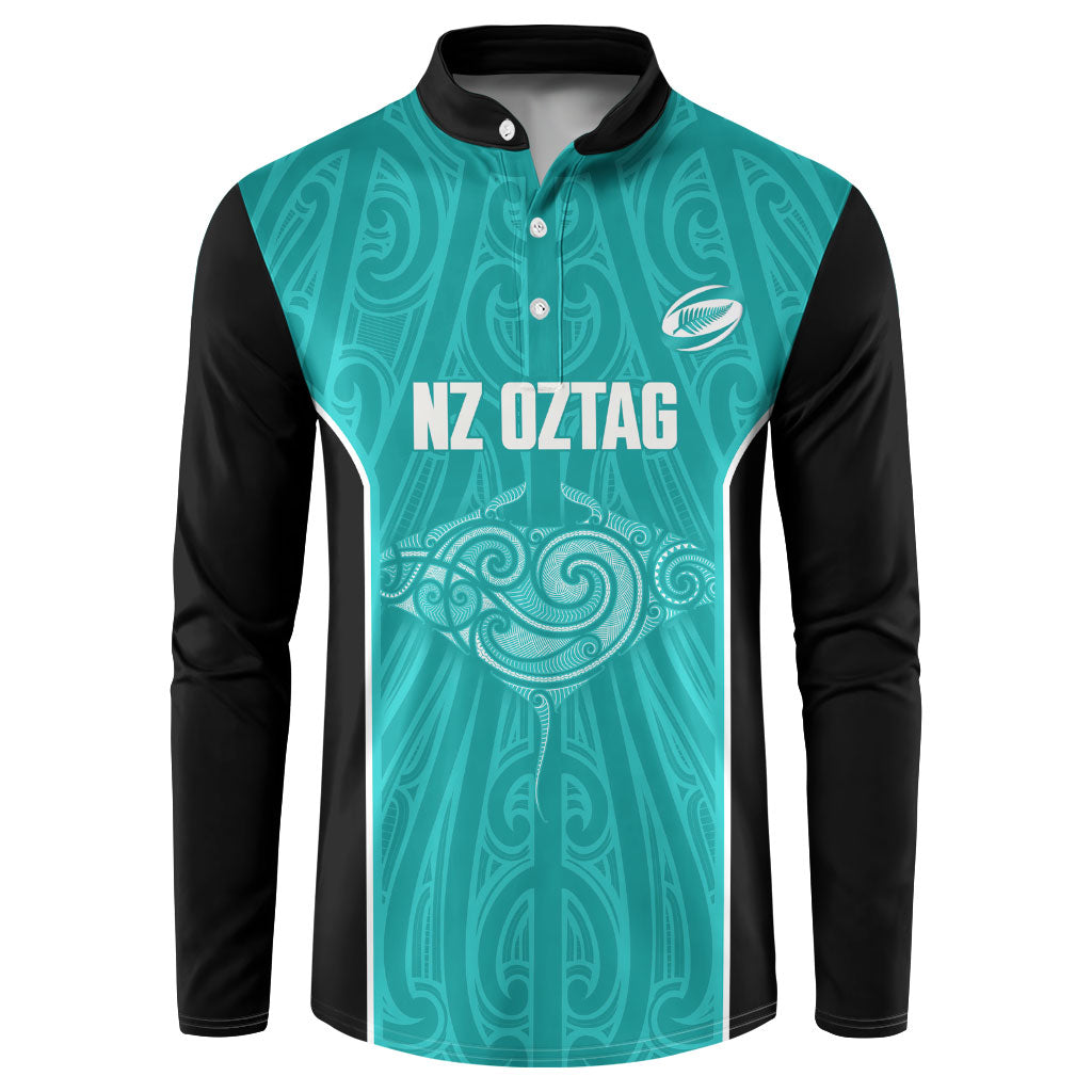 Custom New Zealand Stingray Oztag Button Sweatshirt Tag Rugby Maori Pattern Teal Version LT14 Teal - Polynesian Pride