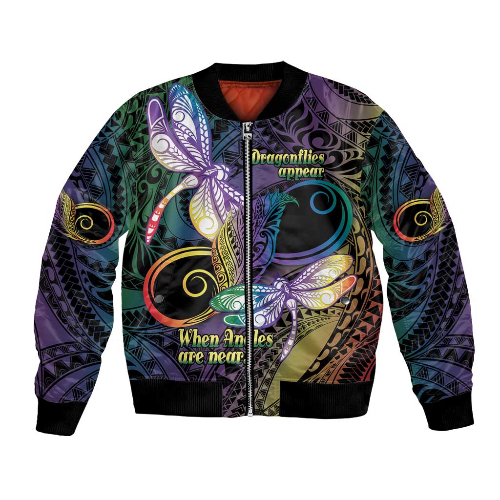 Personalized Polynesian Memorial Bomber Jacket Dragonflies Appear When Angels Are Near