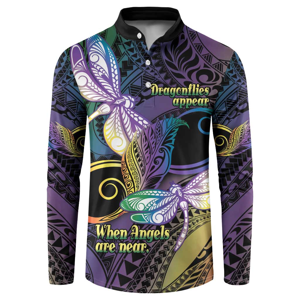 Personalized Polynesian Memorial Button Sweatshirt Dragonflies Appear When Angels Are Near LT14 Colorful - Polynesian Pride