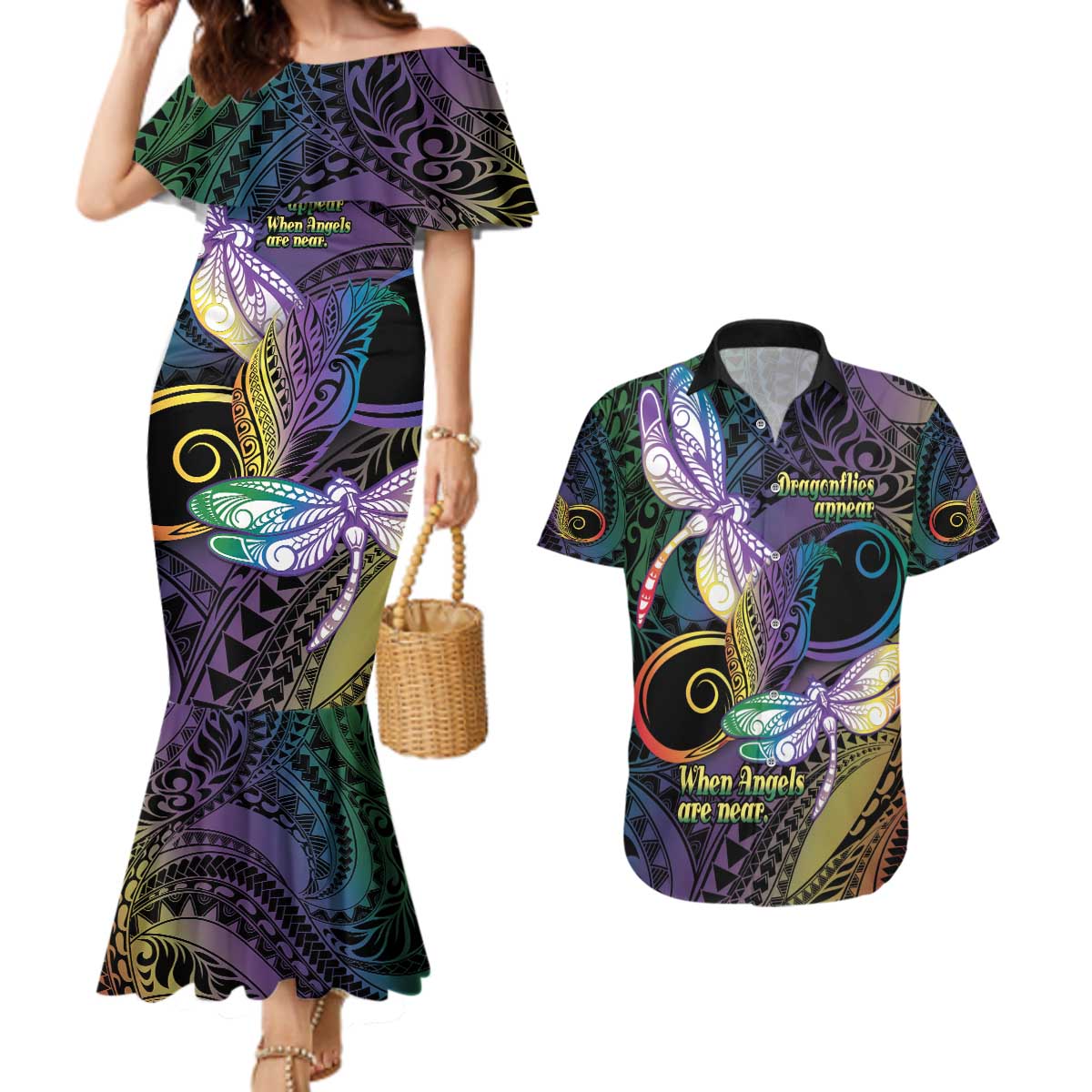 Personalized Polynesian Memorial Couples Matching Mermaid Dress and Hawaiian Shirt Dragonflies Appear When Angels Are Near LT14 Colorful - Polynesian Pride