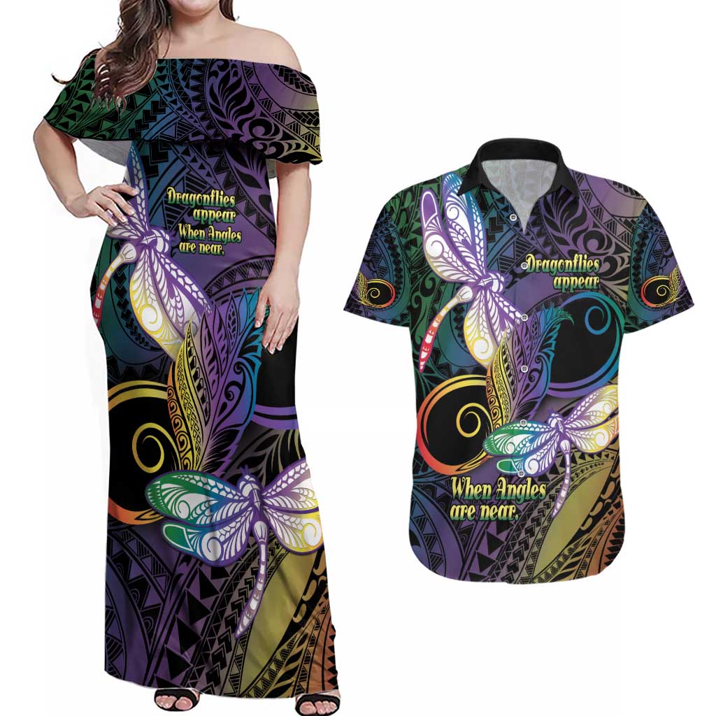 Personalized Polynesian Memorial Couples Matching Off Shoulder Maxi Dress and Hawaiian Shirt Dragonflies Appear When Angels Are Near