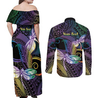 Personalized Polynesian Memorial Couples Matching Off Shoulder Maxi Dress and Long Sleeve Button Shirt Dragonflies Appear When Angels Are Near