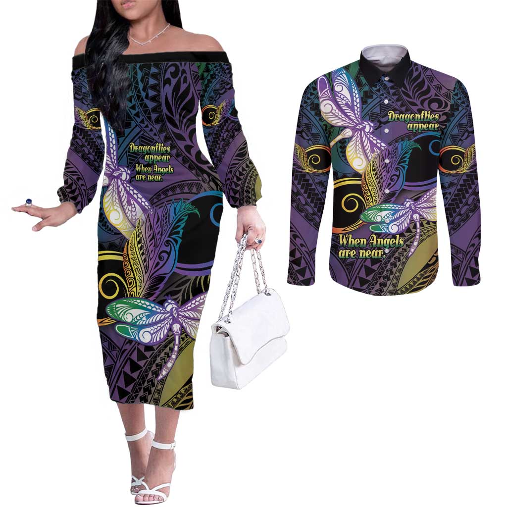 Personalized Polynesian Memorial Couples Matching Off The Shoulder Long Sleeve Dress and Long Sleeve Button Shirt Dragonflies Appear When Angels Are Near LT14 Colorful - Polynesian Pride