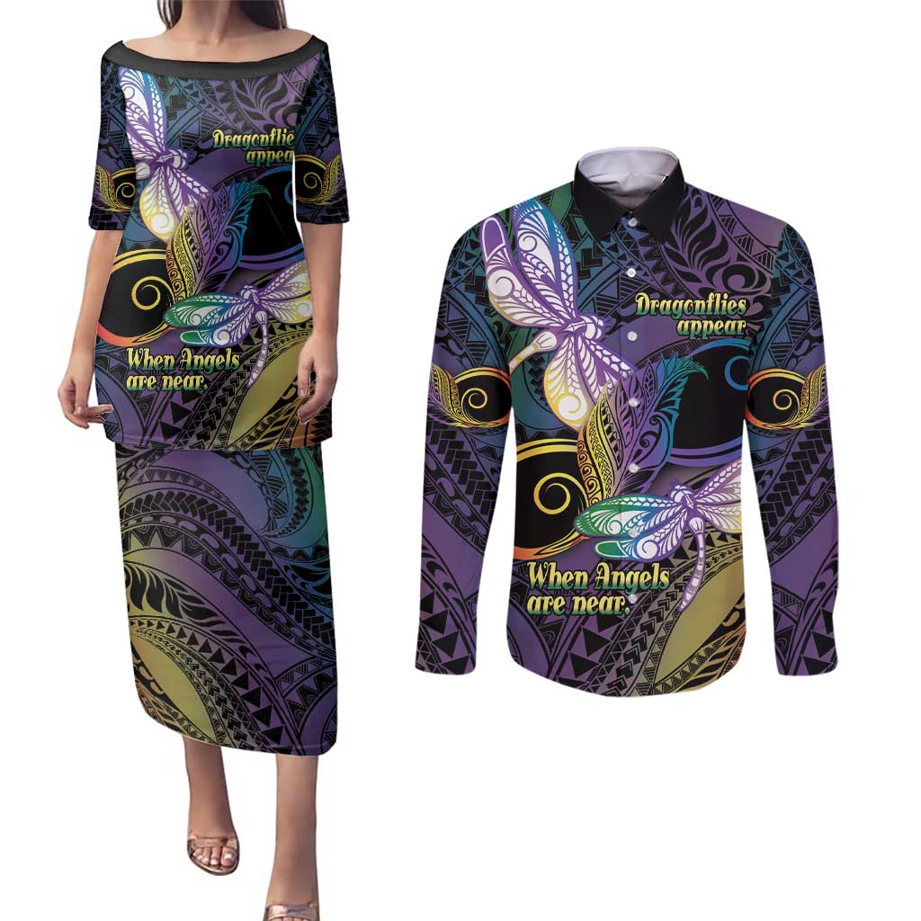 Personalized Polynesian Memorial Couples Matching Puletasi and Long Sleeve Button Shirt Dragonflies Appear When Angels Are Near LT14 Colorful - Polynesian Pride