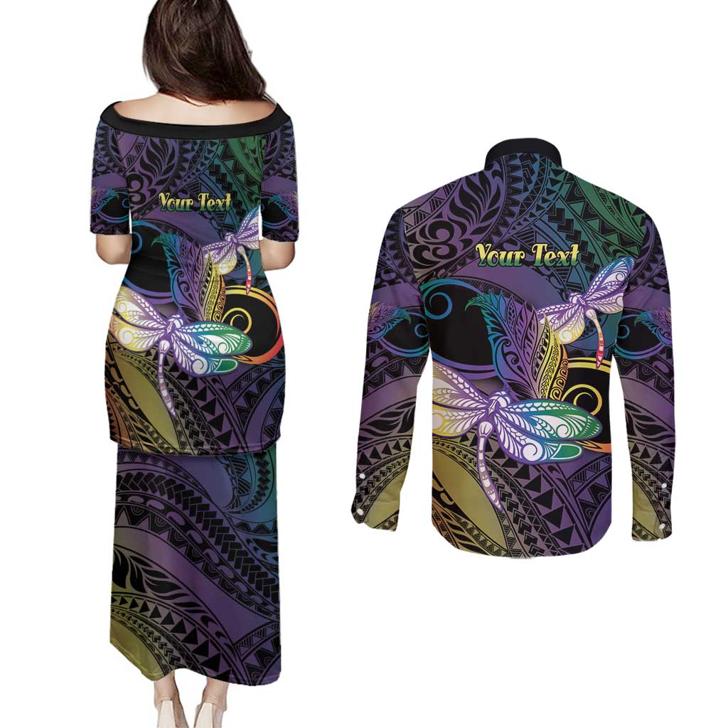 Personalized Polynesian Memorial Couples Matching Puletasi and Long Sleeve Button Shirt Dragonflies Appear When Angels Are Near LT14 - Polynesian Pride