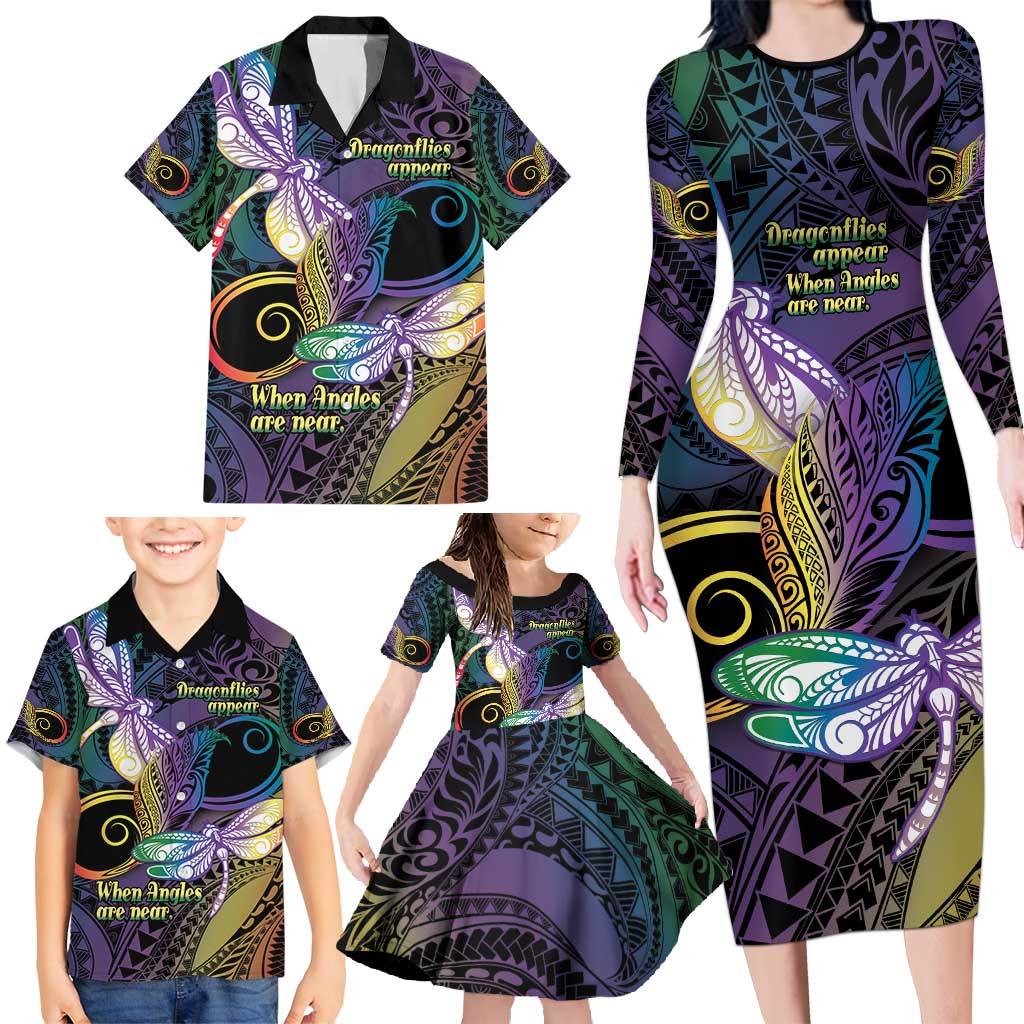 Personalized Polynesian Memorial Family Matching Long Sleeve Bodycon Dress and Hawaiian Shirt Dragonflies Appear When Angels Are Near