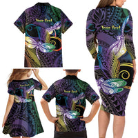 Personalized Polynesian Memorial Family Matching Long Sleeve Bodycon Dress and Hawaiian Shirt Dragonflies Appear When Angels Are Near