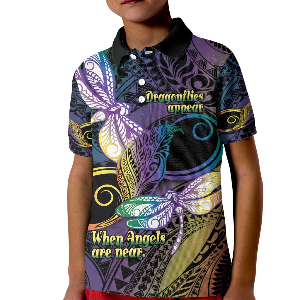 Personalized Polynesian Memorial Kid Polo Shirt Dragonflies Appear When Angels Are Near