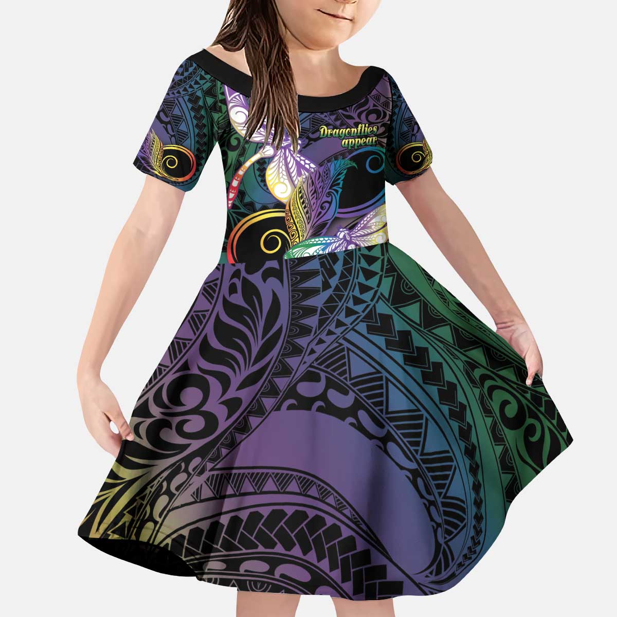 Personalized Polynesian Memorial Kid Short Sleeve Dress Dragonflies Appear When Angels Are Near LT14 KID Colorful - Polynesian Pride