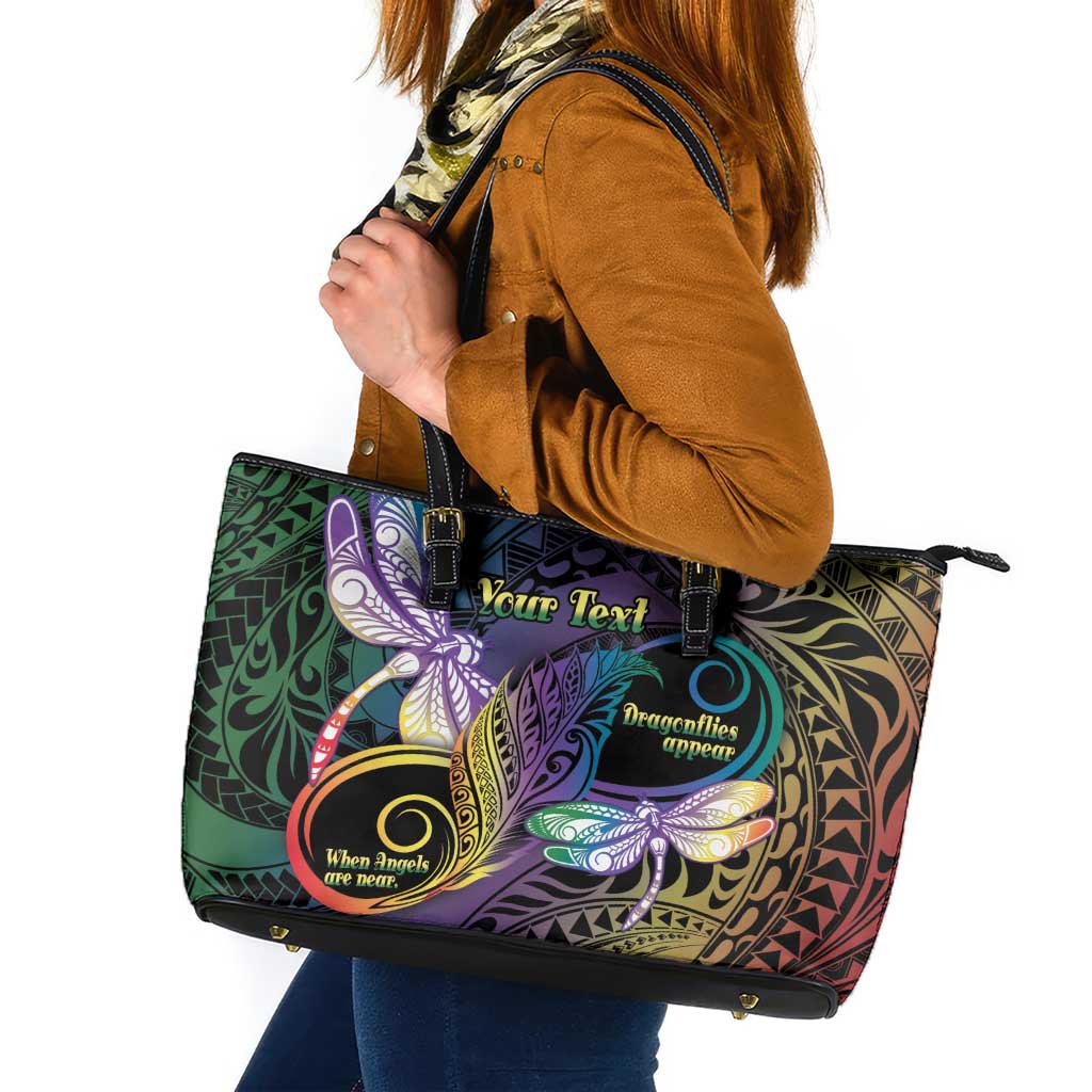 Personalized Polynesian Memorial Leather Tote Bag Dragonflies Appear When Angels Are Near LT14 Colorful - Polynesian Pride