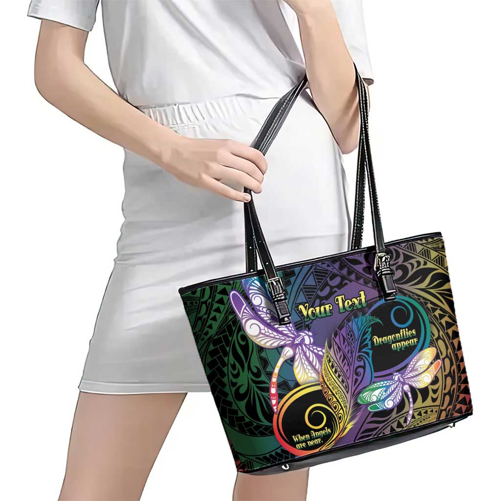 Personalized Polynesian Memorial Leather Tote Bag Dragonflies Appear When Angels Are Near LT14 - Polynesian Pride